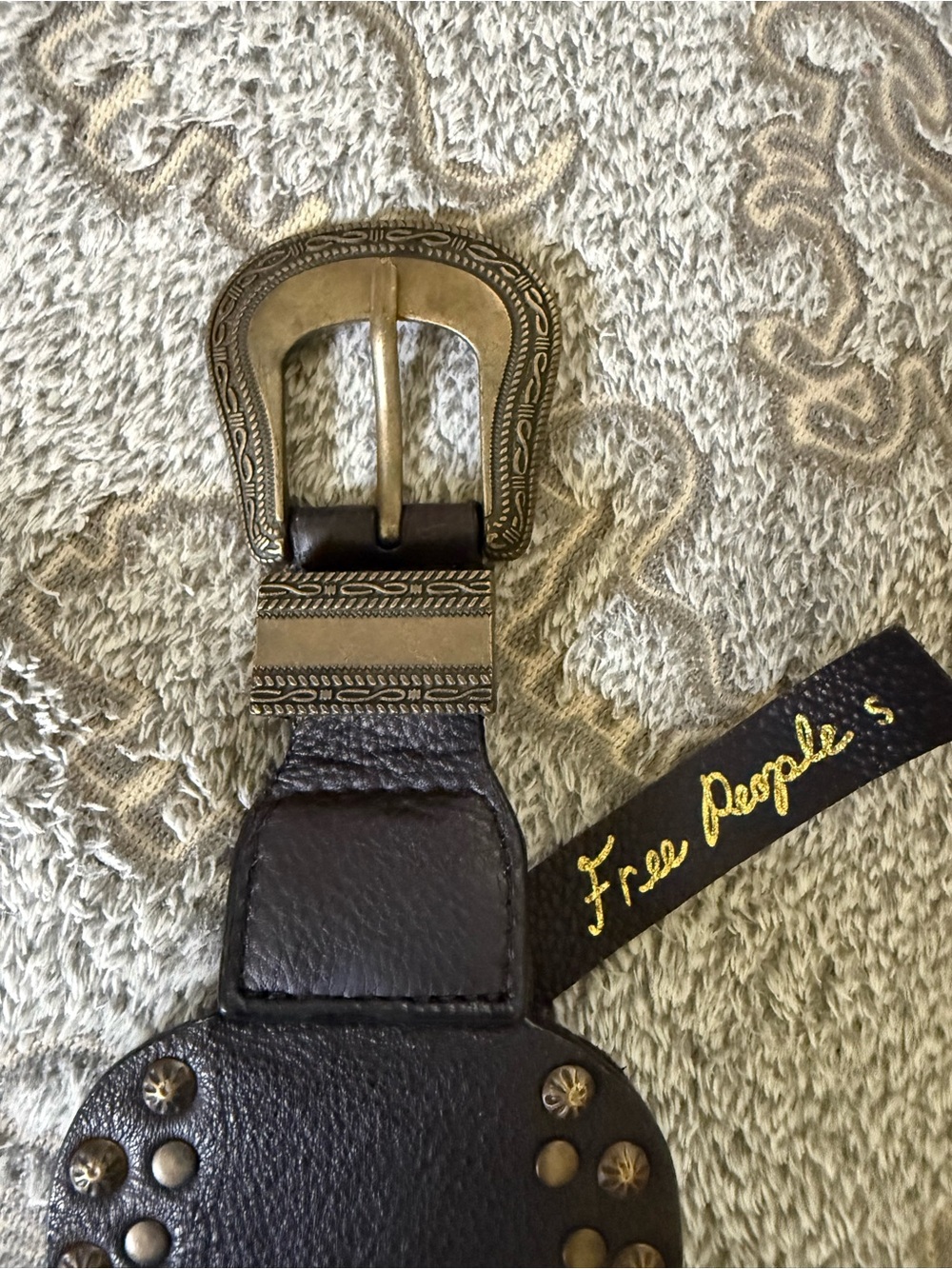 Free People Black Leather Studded Western Belt with Antiqued Gold Buckle - Picture 6 of 7